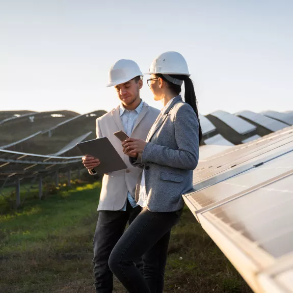 project developers talking in a free-field solar power plant